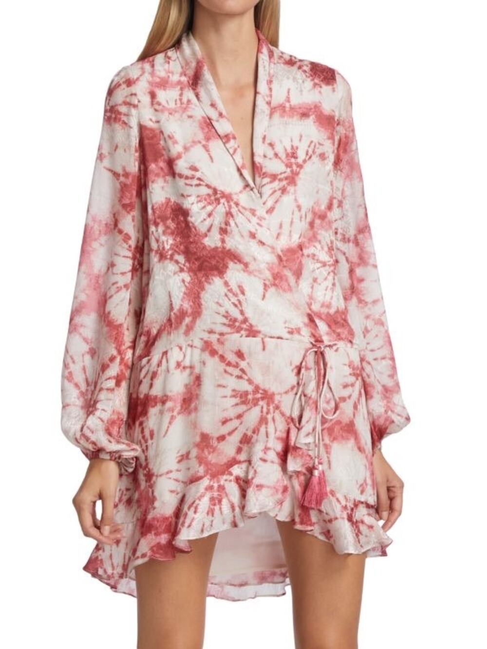 Rococo Sand Ava Rosewood Tie Dye Print Faux Wrap Ruffle Mini Dress Size M